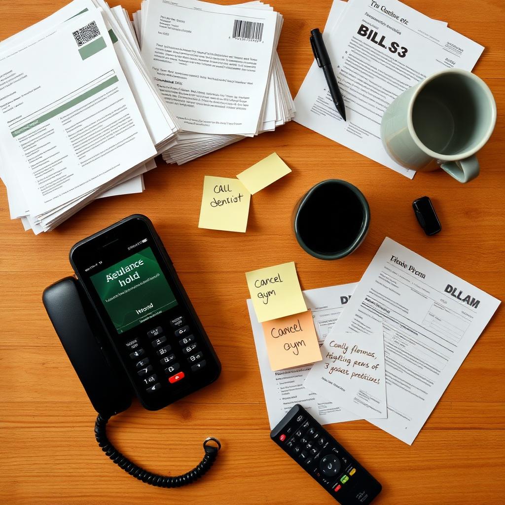 Desk covered in bills, forms, sticky notes, a phone on hold, and a cold coffee