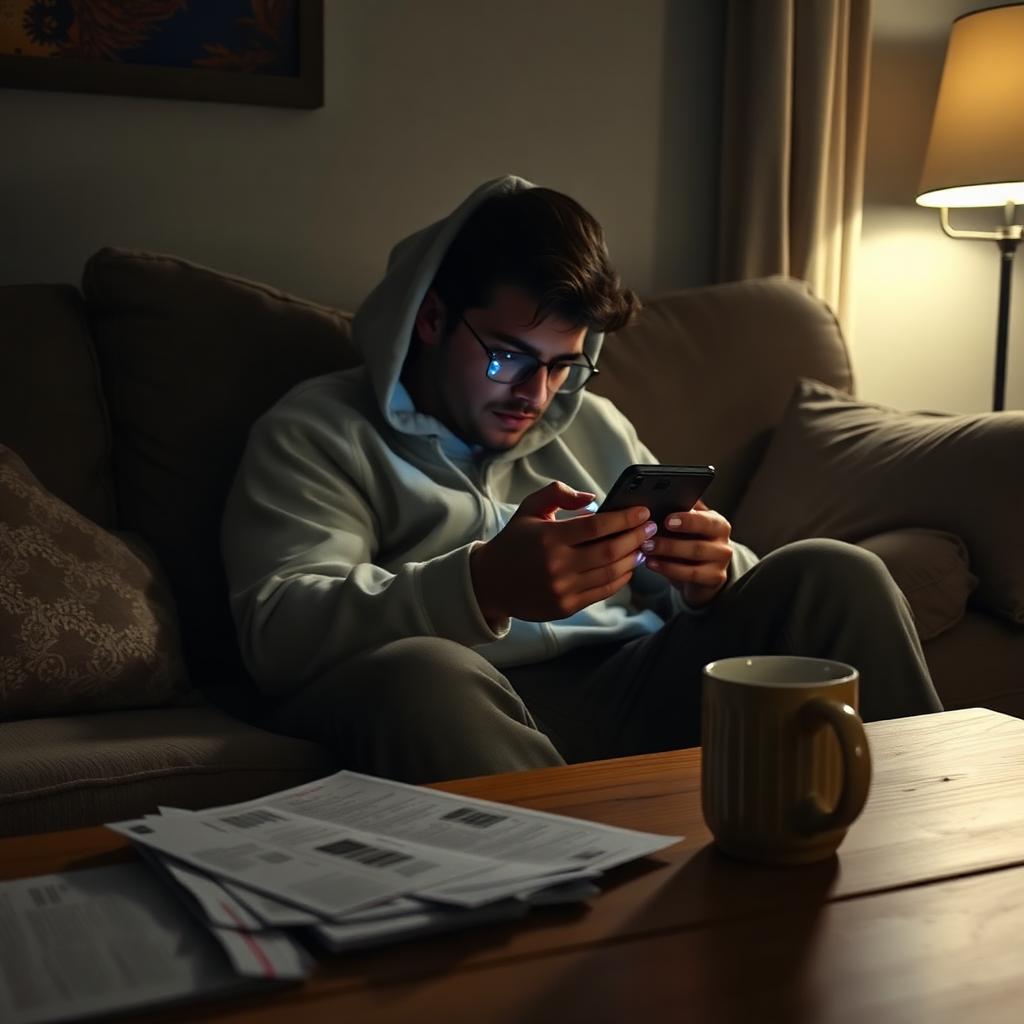 Person on the couch scrolling their phone next to a stack of unopened mail